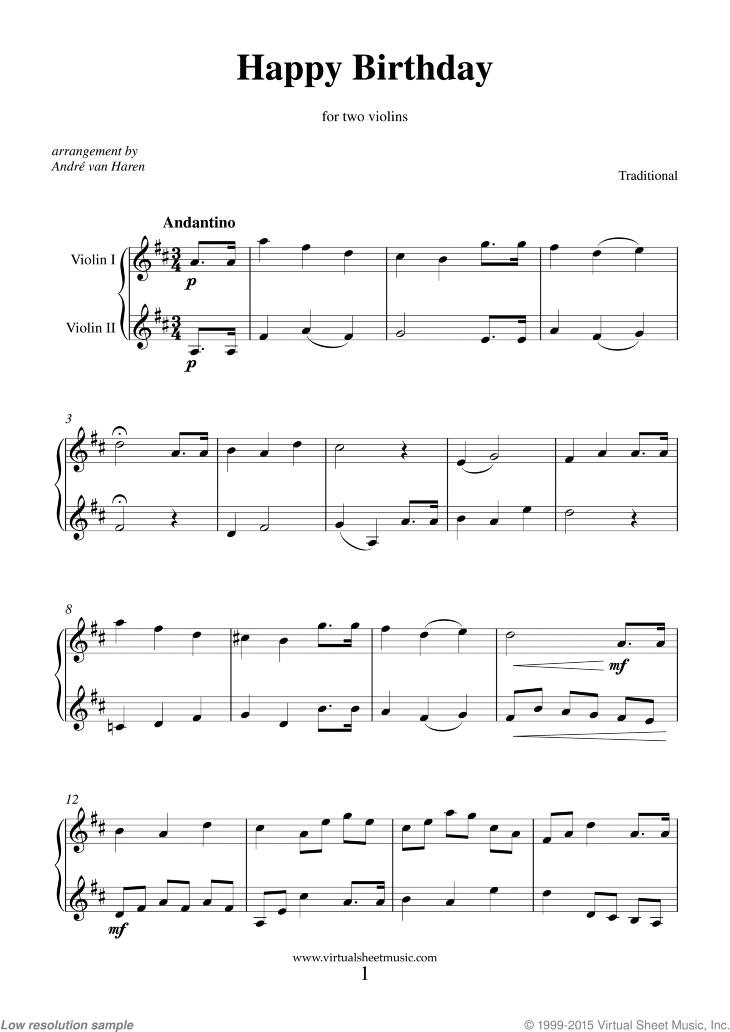 Happy Birthday sheet music for two violins (PDF-interactive)