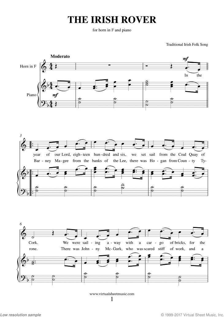 Free The Irish Rover sheet music for horn and piano (PDF)