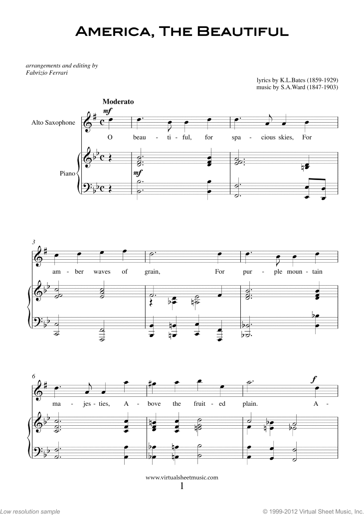 Patriotic Sheet Music and Songs for alto saxophone and piano, USA Tunes