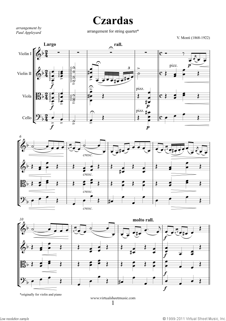 Czardas, easy gypsy airs sheet music for string quartet (PDF)