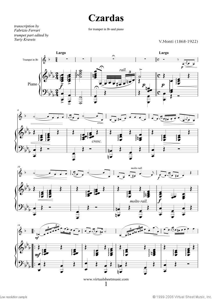 Monti - Czardas, gypsy airs sheet music for trumpet and piano