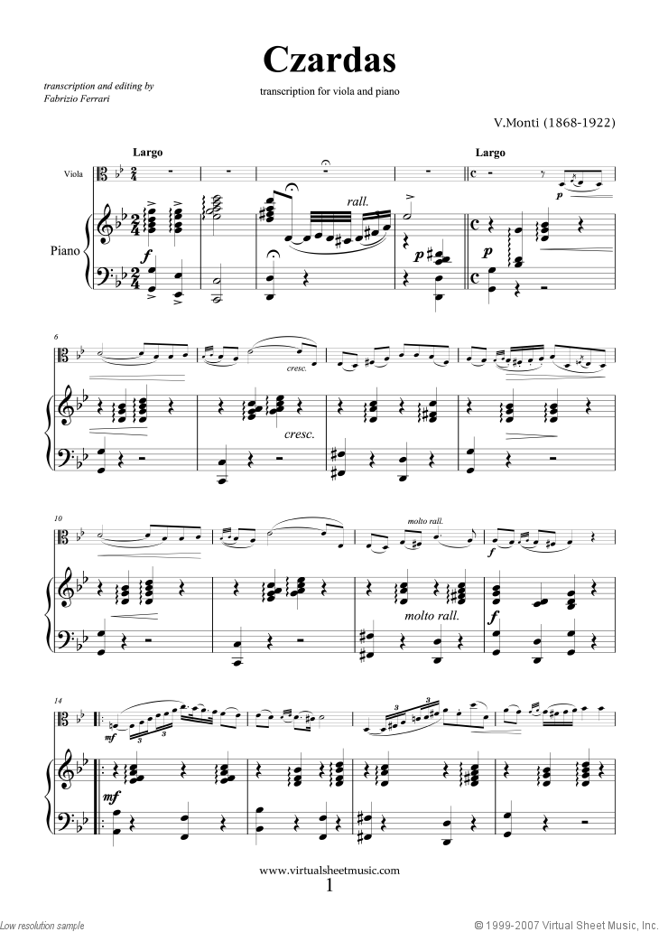Monti Czardas, easy gypsy airs sheet music for viola and piano