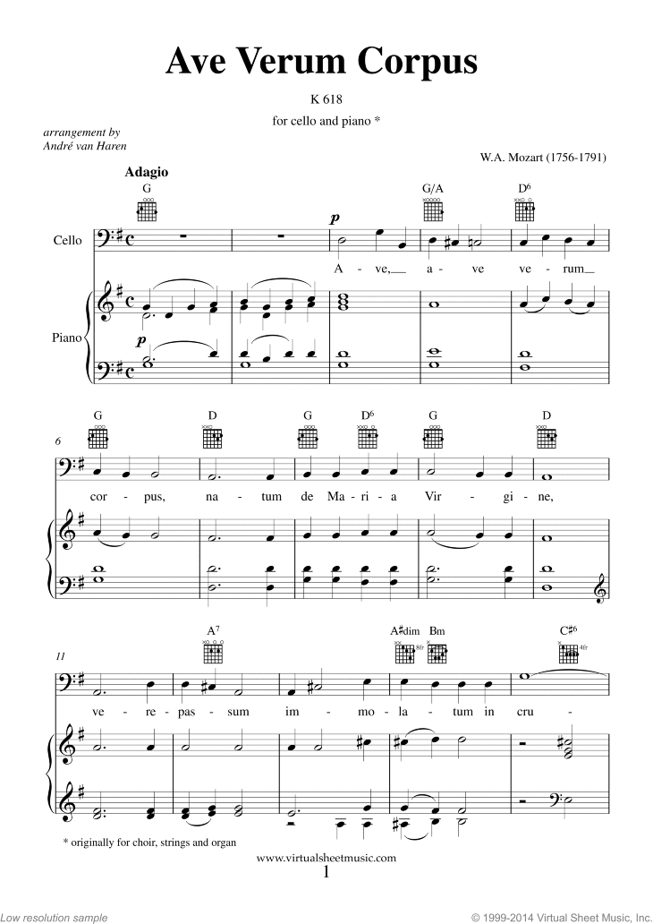 Mozart Ave Verum Corpus Sheet Music For Cello And Piano Pdf