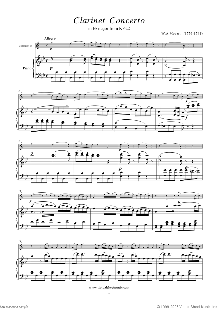 Mozart - Clarinet Concerto in A major K622 (in Bb) sheet music for ...