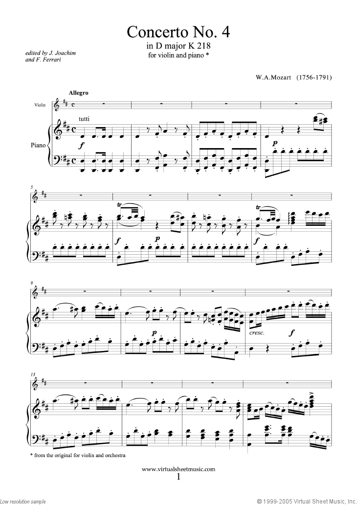 specificere Tilsyneladende hovedpine Mozart: Violin Concerto No. 4 in D major K218 sheet music (PDF)
