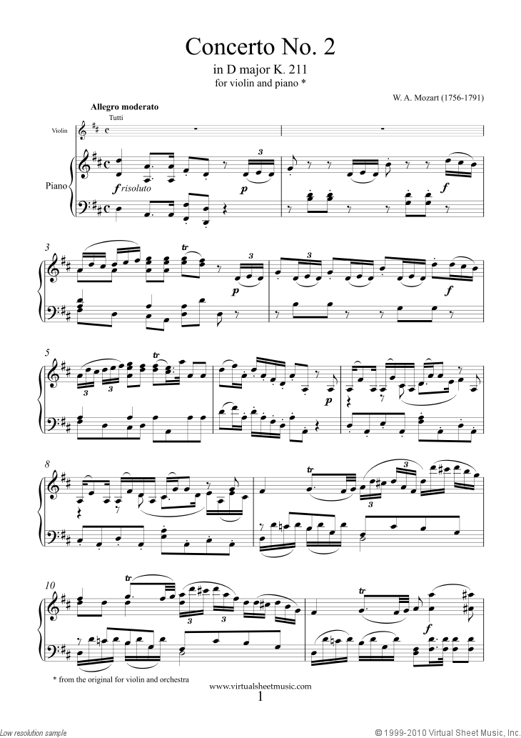 Mozart Violin Concerto No 2 In D Major K211 Sheet Music For Violin And Piano