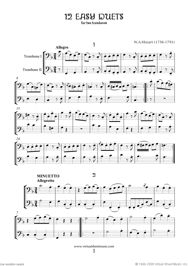 Mozart - Easy Duets sheet music for two trombones [PDF]