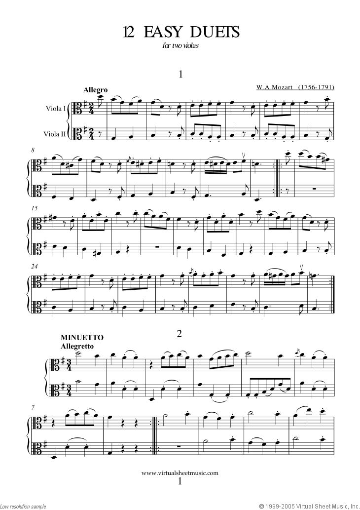 Mozart - Easy Duets sheet music for two violas [PDF-interactive]