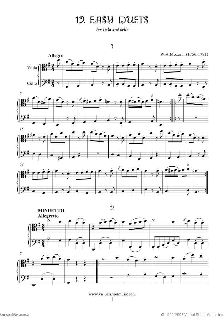 Mozart - Easy Duets sheet music for viola and cello [PDF]