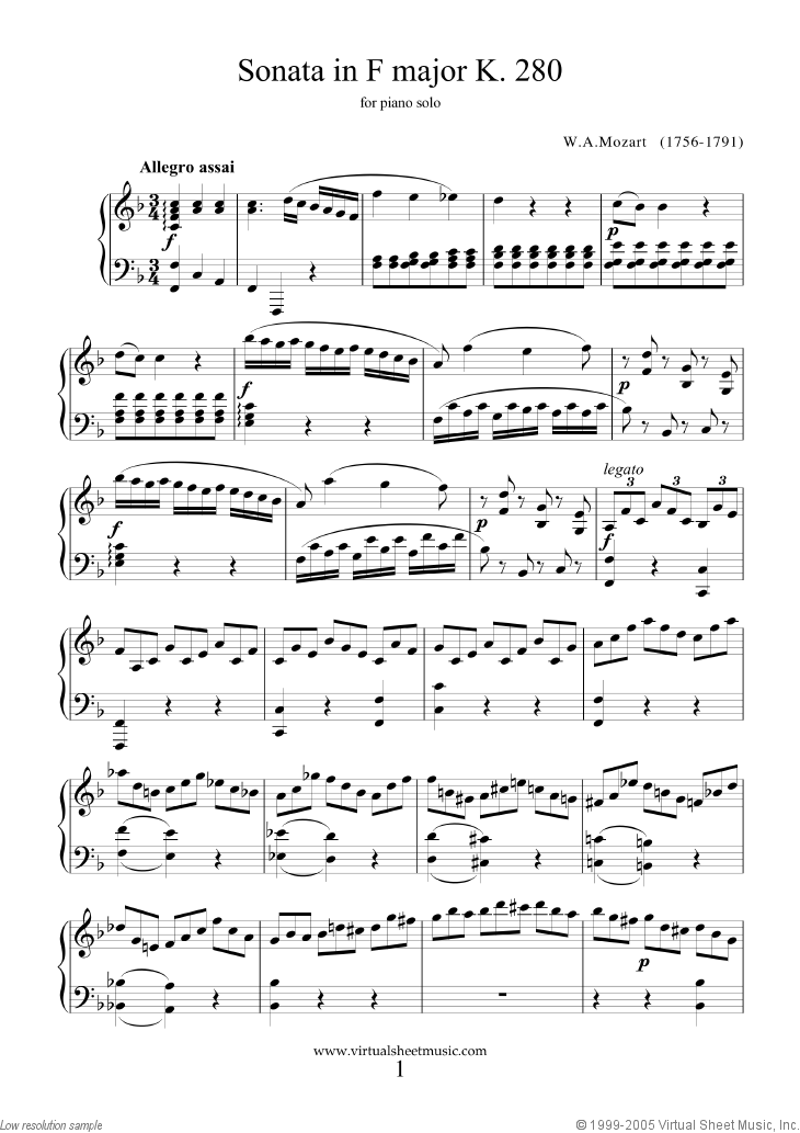 Mozart Piano Sonata In F Major K280 Sheet Music For Piano Solo