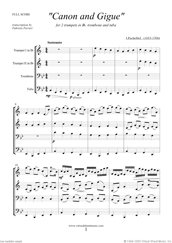 Pachelbel - Canon in D sheet music for brass quartet [PDF]