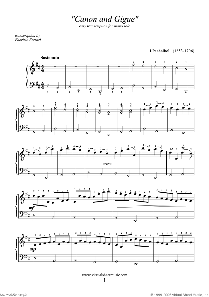 Pachelbel Canon in D sheet music for piano solo (easy version)