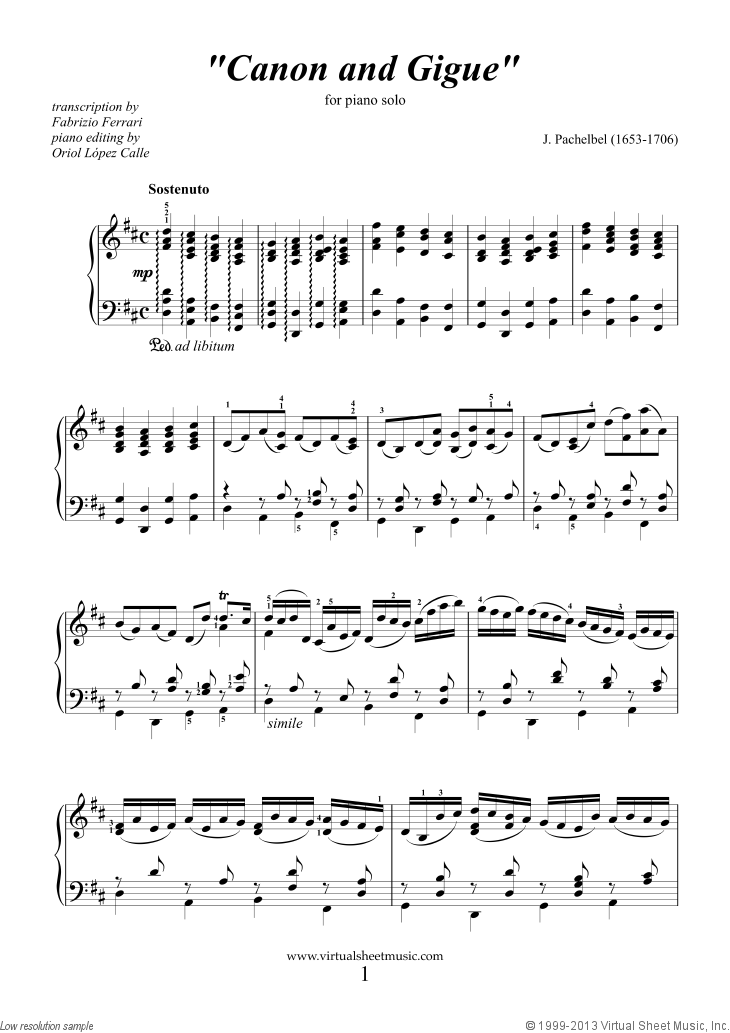 Pachelbel Canon in D sheet music for piano solo version)