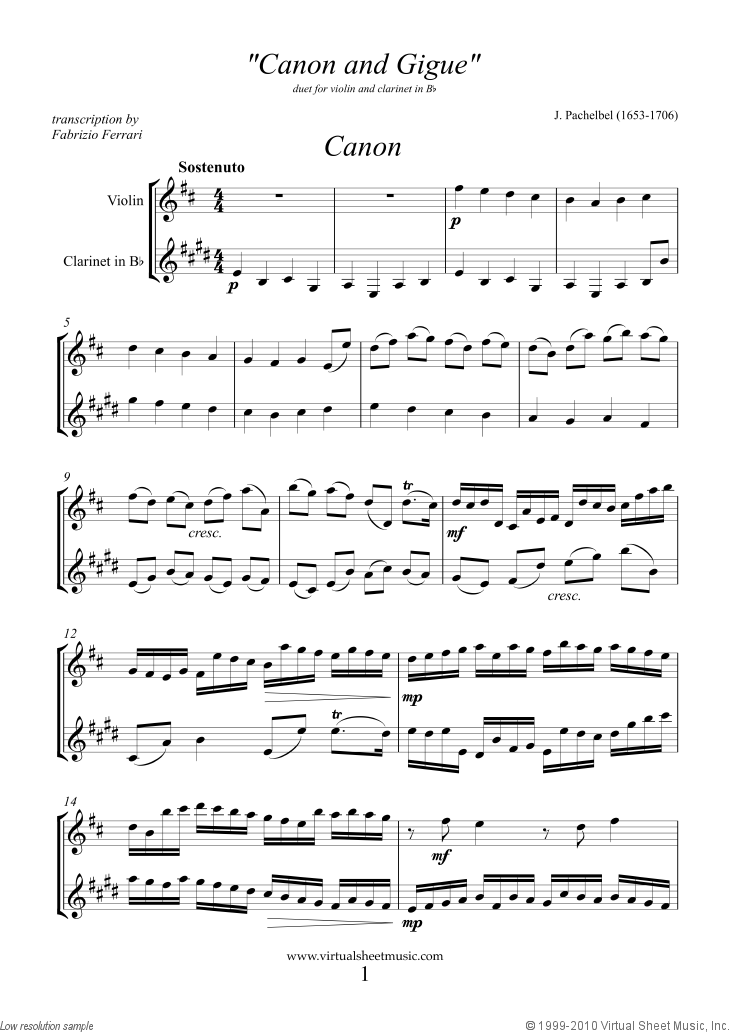 Pachelbel - Canon in D sheet music for violin and clarinet [PDF]