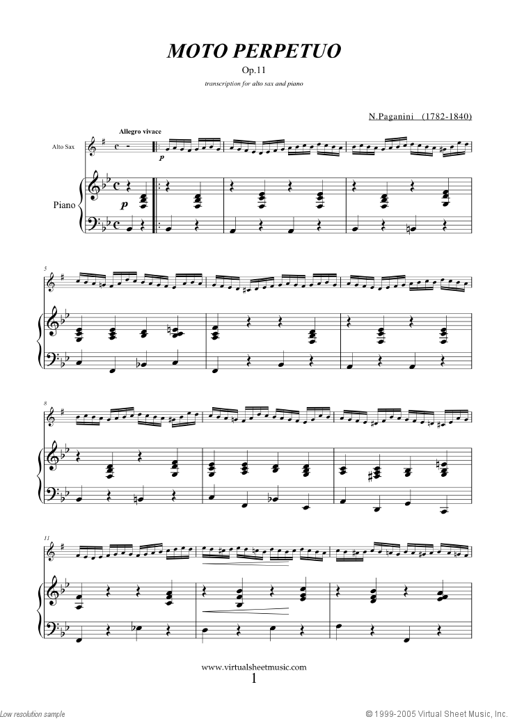 Moto Perpetuo sheet music for alto saxophone and piano (PDF)
