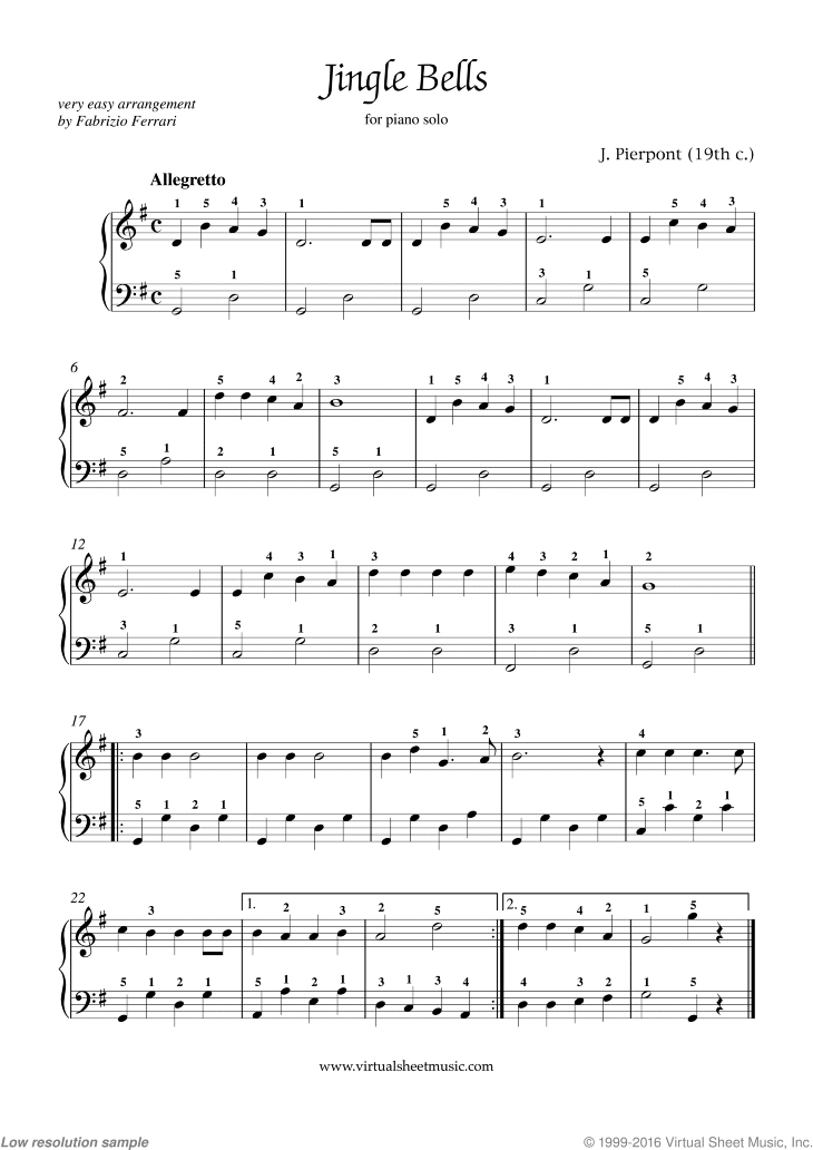 Free Jingle Bells Sheet Music For Piano Solo High Quality Pdf