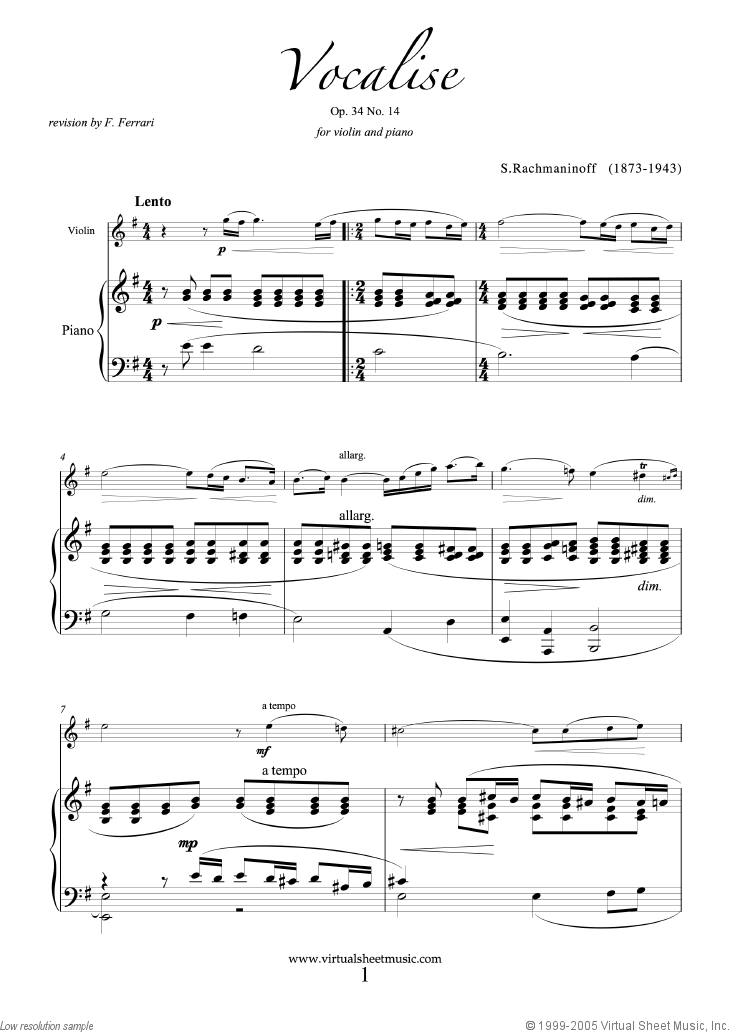 Rachmaninoff - Vocalise Op.34 No.14 sheet music for violin and piano