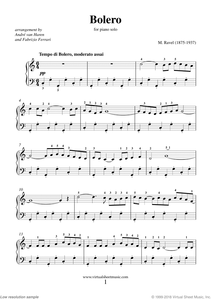 Ravel - Bolero sheet music for piano solo PDF-interactive