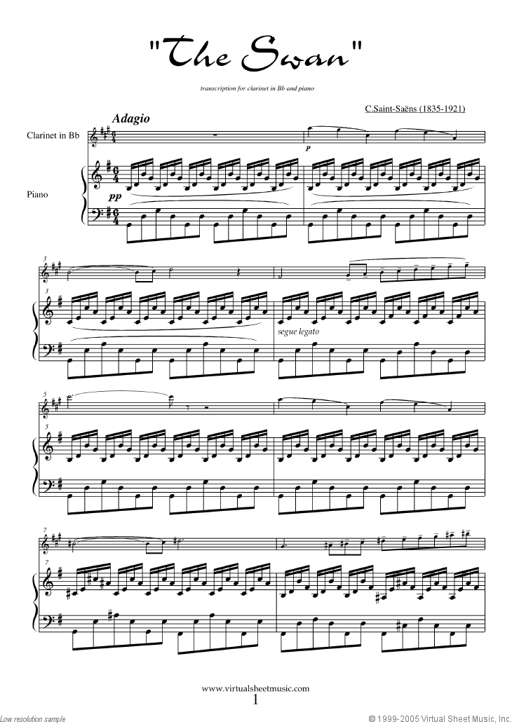 The Swan sheet music for clarinet and piano (PDF)