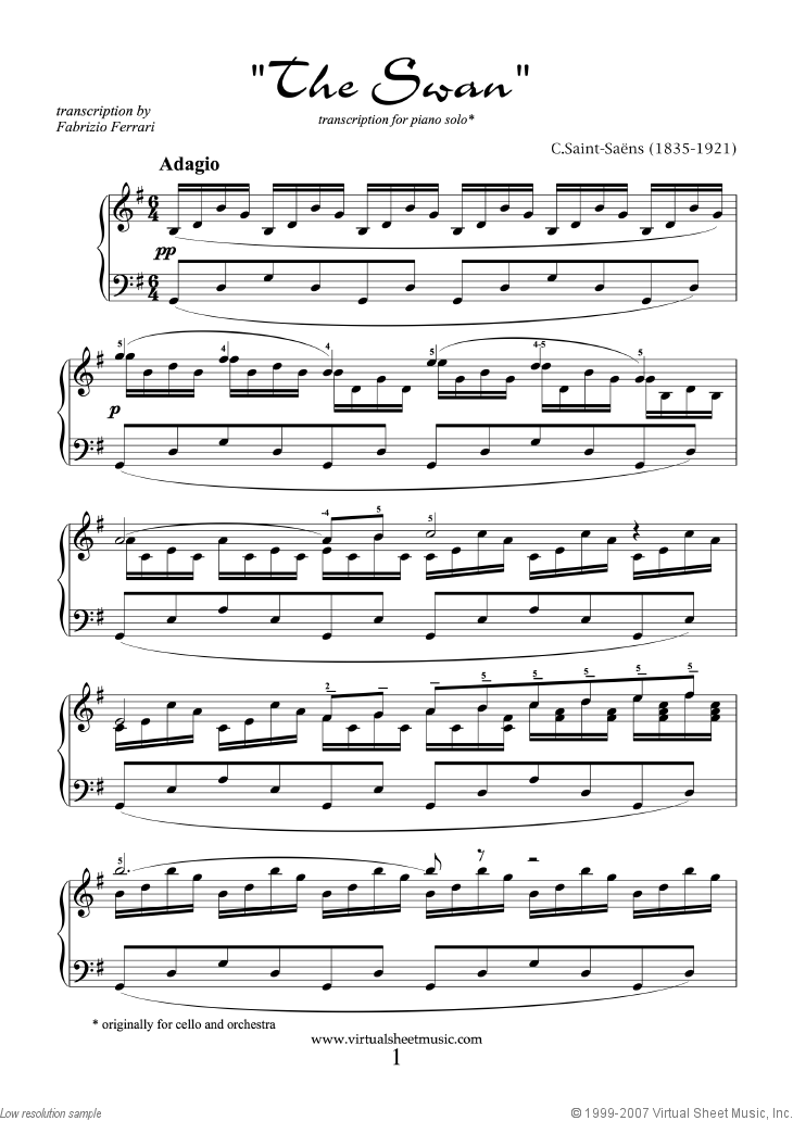 The Swan sheet music for piano solo (PDF)