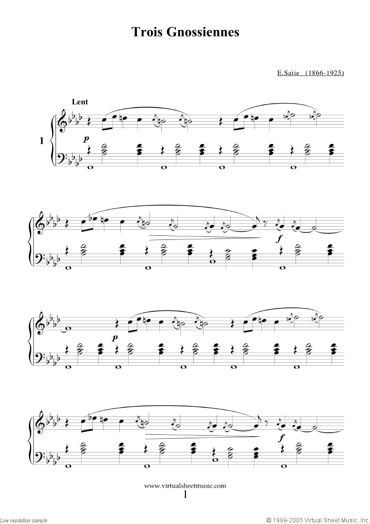 Satie Trois Gnossiennes Sheet Music For Piano Solo Pdf - gymnopedie 1 roblox piano sheet