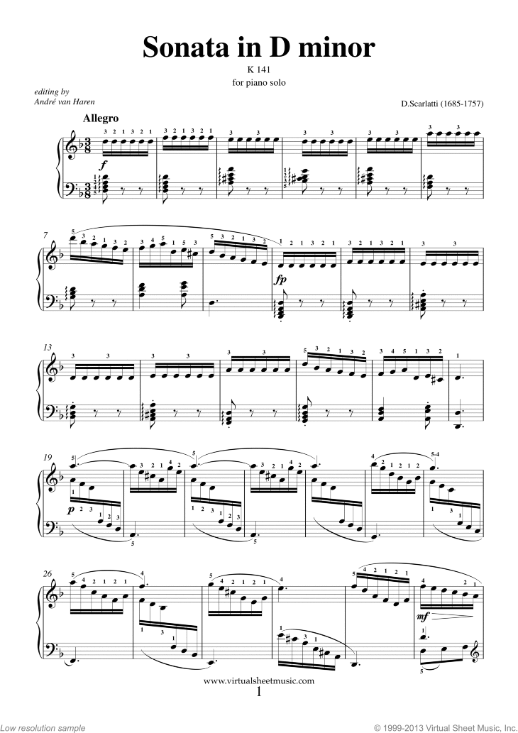 Scarlatti Sonata in D minor K 141 sheet music for piano solo (or Sns-Brigh10