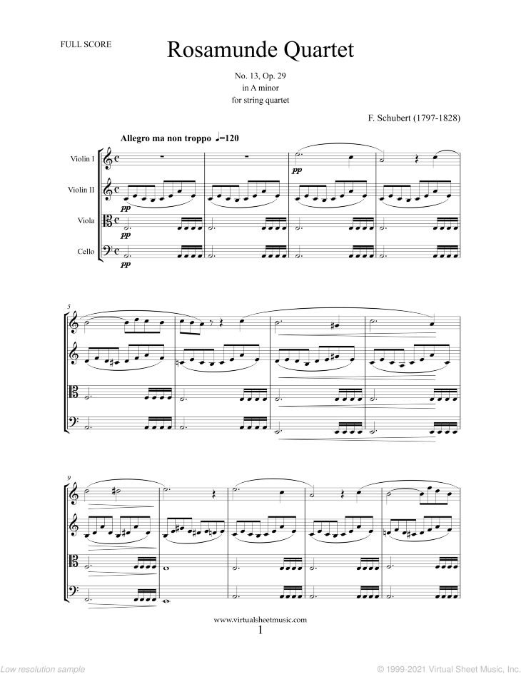 Rosamunde Quartet Op. 29 No. 13 sheet music for string quartet