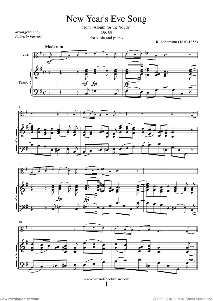 Schumann - New Year's Eve Song sheet music for viola and piano