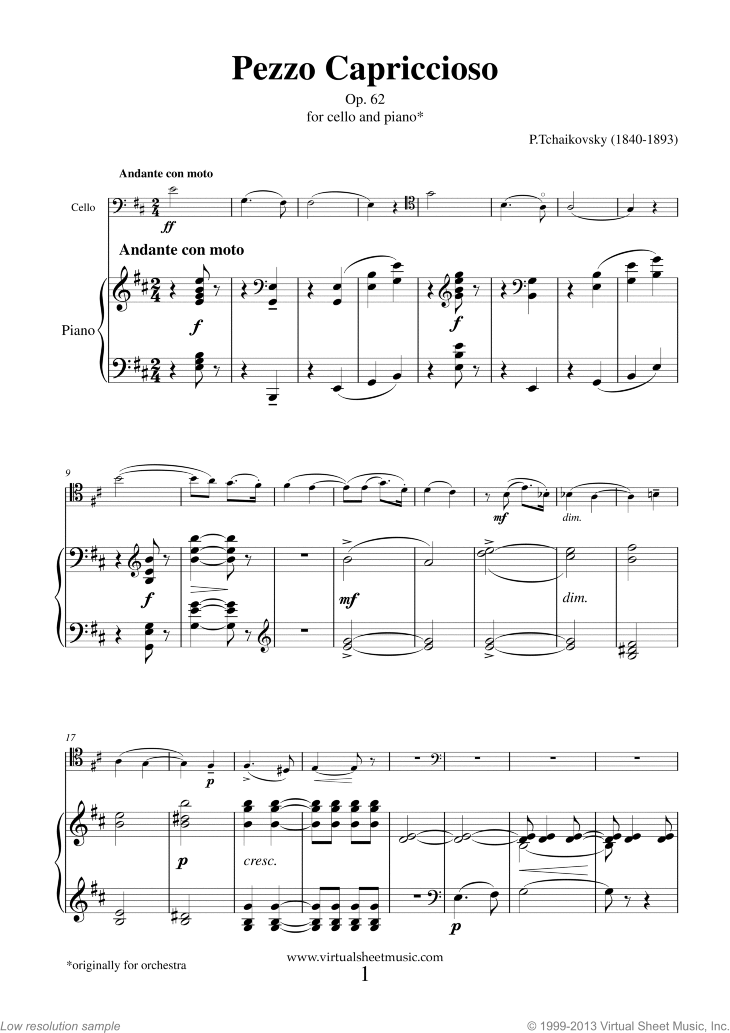 Tchaikovsky Pezzo Capriccioso Op 62 Sheet Music For Cello And Piano