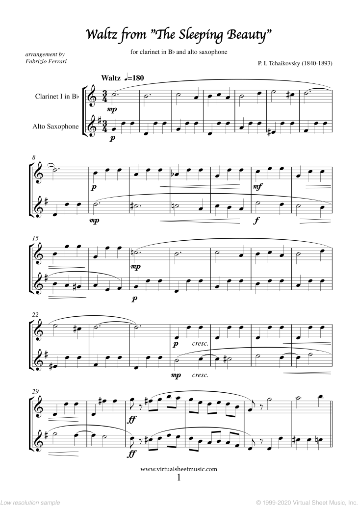 Waltz from The Sleeping Beauty sheet music for clarinet and alto saxophone