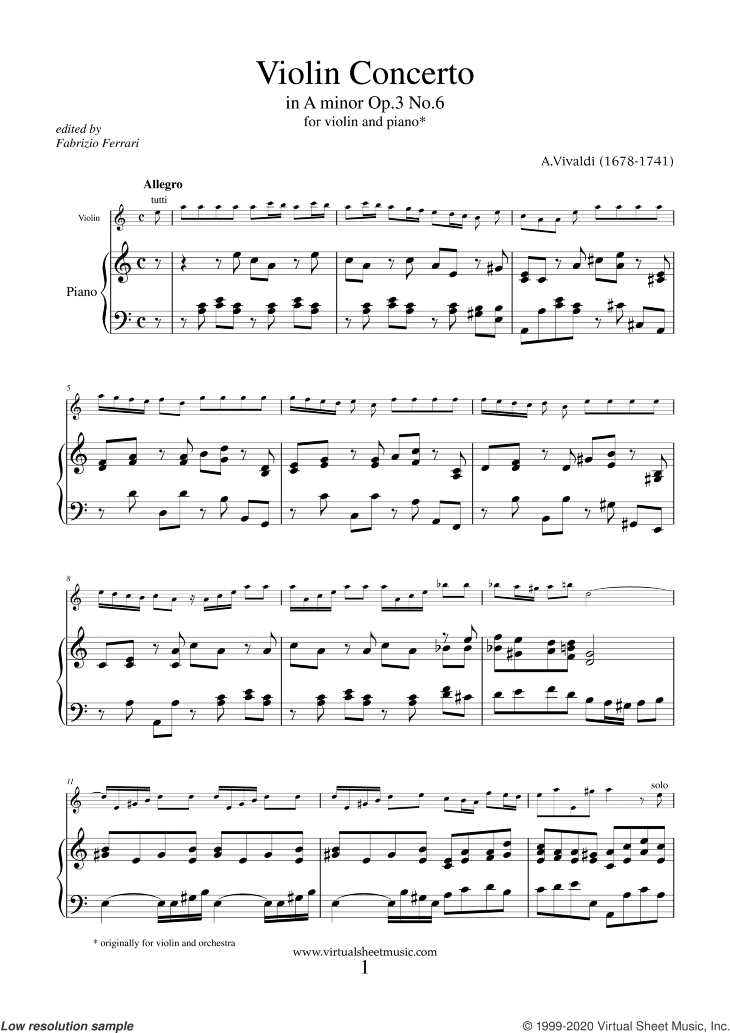 Free Vivaldi - Violin Concerto in A minor Op.3 No.6, 1st sheet music