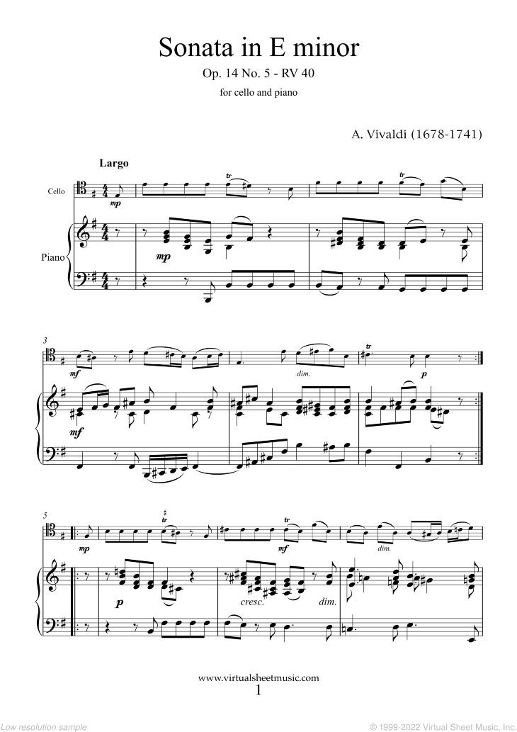Vivaldi - Cello Sonata in E minor Op.14 No.5 sheet music for cello and