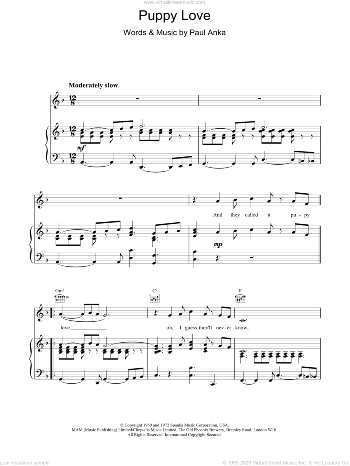 Puppy Love sheet music for voice, piano or guitar by Paul Anka, intermediate skill level