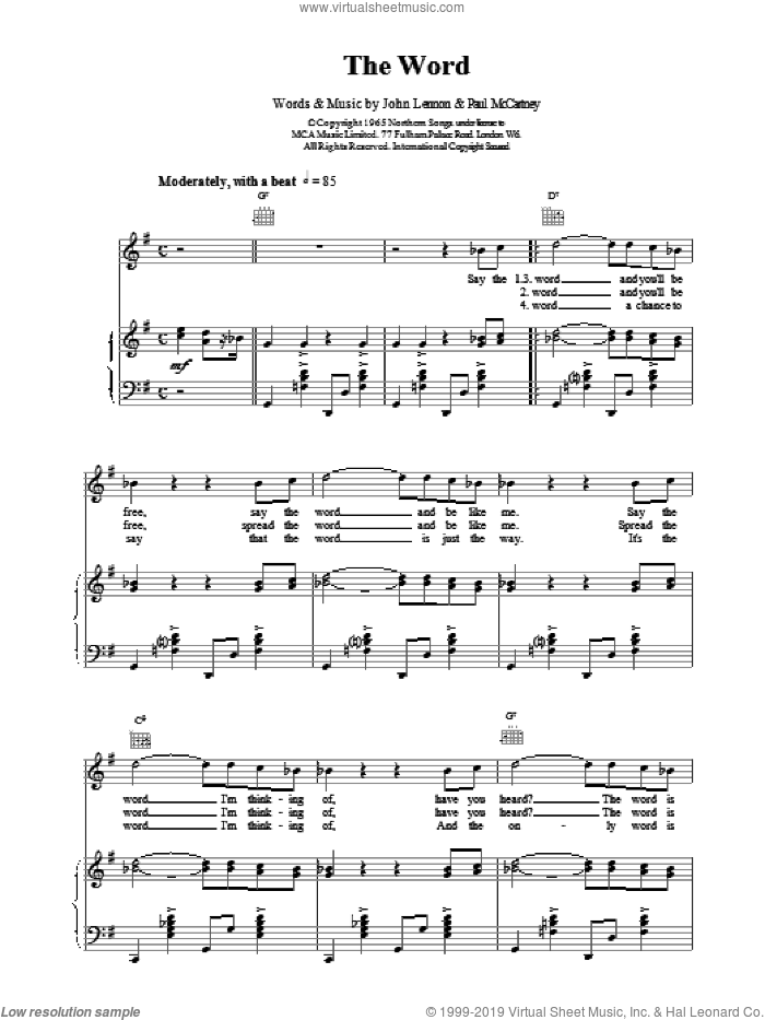 The Word sheet music for voice, piano or guitar by The Beatles, intermediate skill level