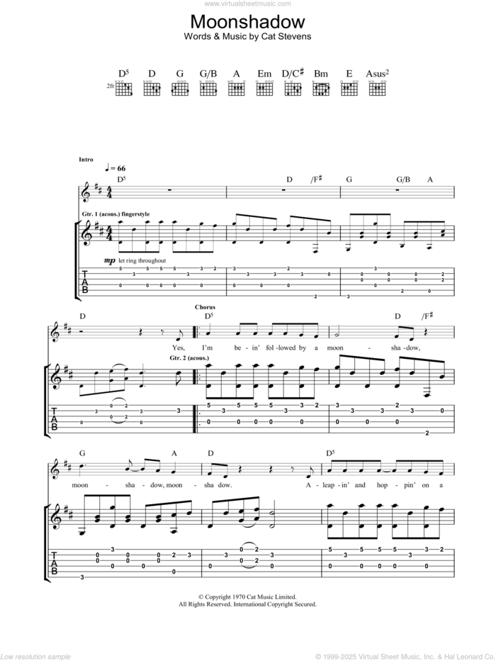 Moonshadow sheet music for guitar (tablature) by Cat Stevens, intermediate skill level