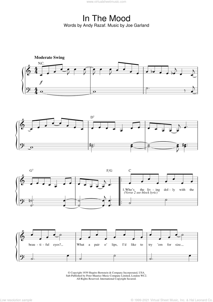 In The Mood sheet music for piano solo by Glen Miller, intermediate skill level