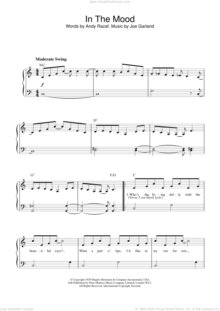 In The Mood sheet music for piano solo by Glen Miller, intermediate skill level