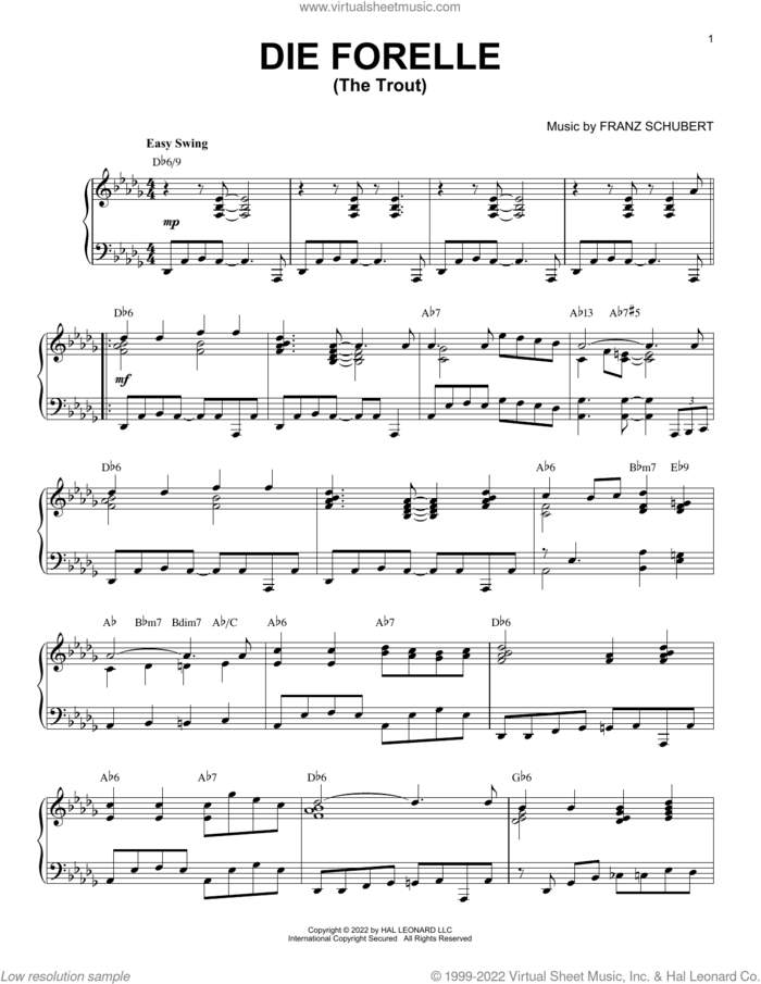 Die Forelle [Jazz version] (arr. Brent Edstrom) sheet music for piano solo by Franz Schubert, Brent Edstrom and Christian Friedrich Schubart, classical score, intermediate skill level