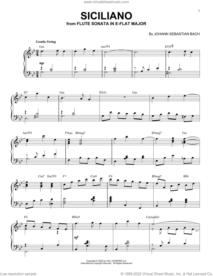 Siciliano [Jazz version] (arr. Brent Edstrom) sheet music for piano solo by Johann Sebastian Bach and Brent Edstrom, classical score, intermediate skill level