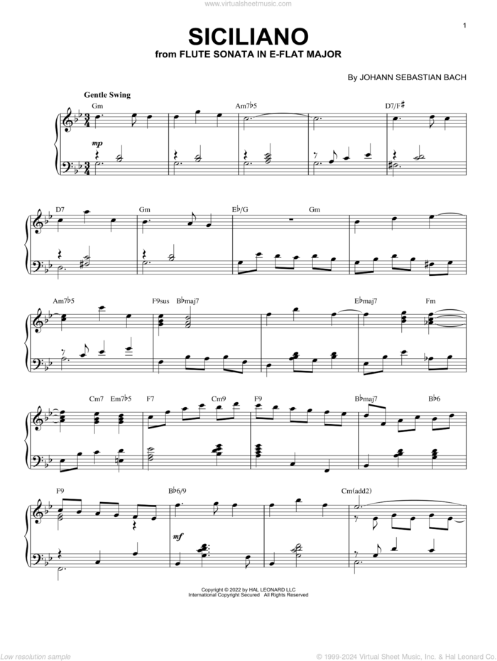 Siciliano [Jazz version] (arr. Brent Edstrom) sheet music for piano solo by Johann Sebastian Bach and Brent Edstrom, classical score, intermediate skill level