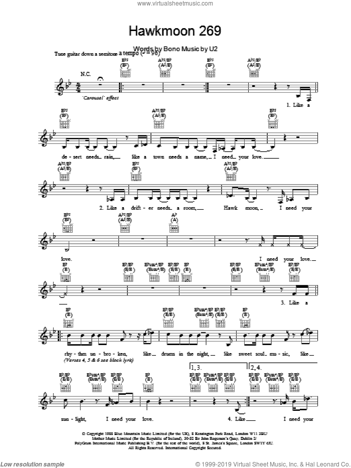 Hawkmoon 269 sheet music for voice and other instruments (fake book) by U2, intermediate skill level