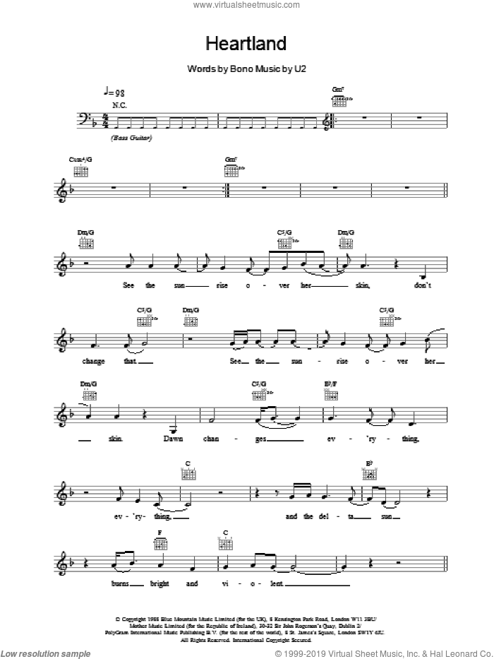 Heartland sheet music for voice and other instruments (fake book) by U2, intermediate skill level