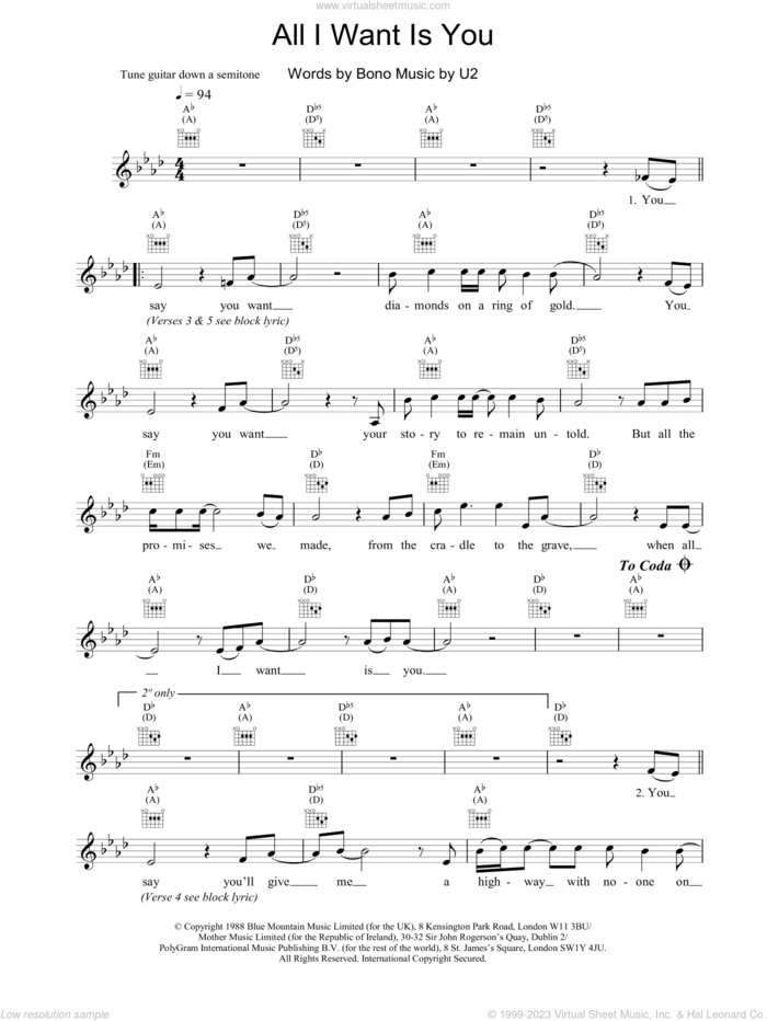 All I Want Is You sheet music for voice and other instruments (fake book) by U2, intermediate skill level