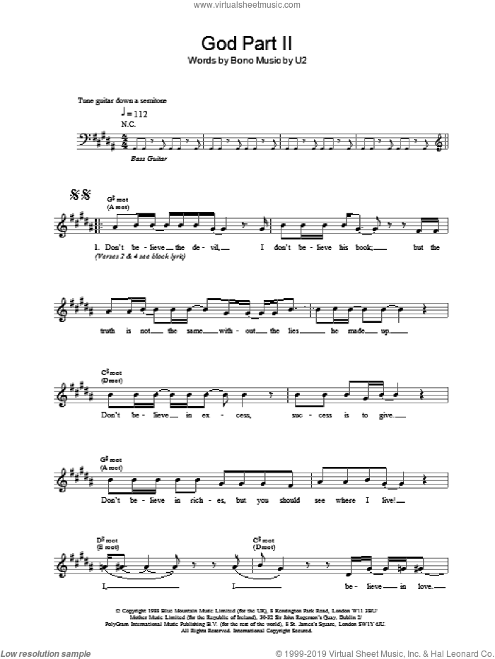 God Part II sheet music for voice and other instruments (fake book) by U2, intermediate skill level
