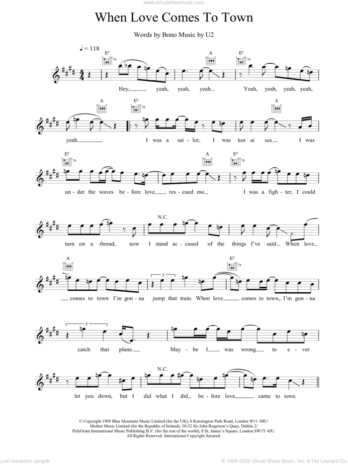 When Love Comes To Town sheet music for voice and other instruments (fake book) by U2, intermediate skill level