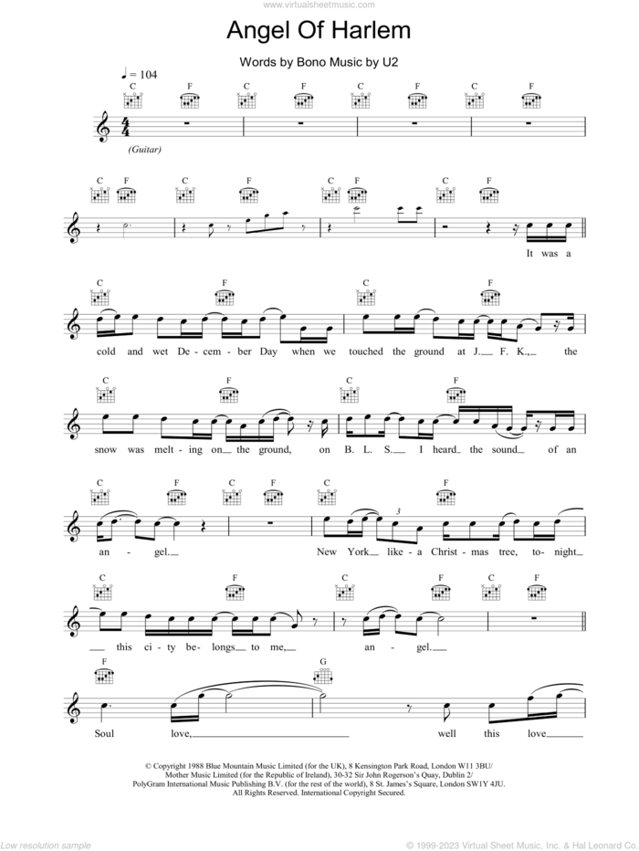 Angel Of Harlem sheet music for voice and other instruments (fake book) by U2, intermediate skill level