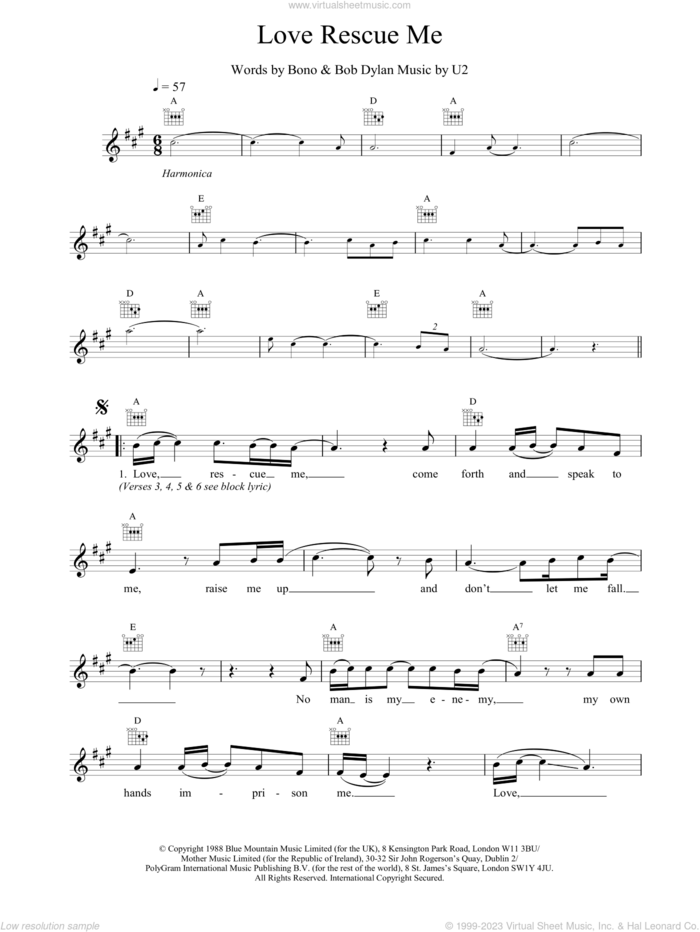Love Rescue Me sheet music for voice and other instruments (fake book) by U2 and Bob Dylan, intermediate skill level