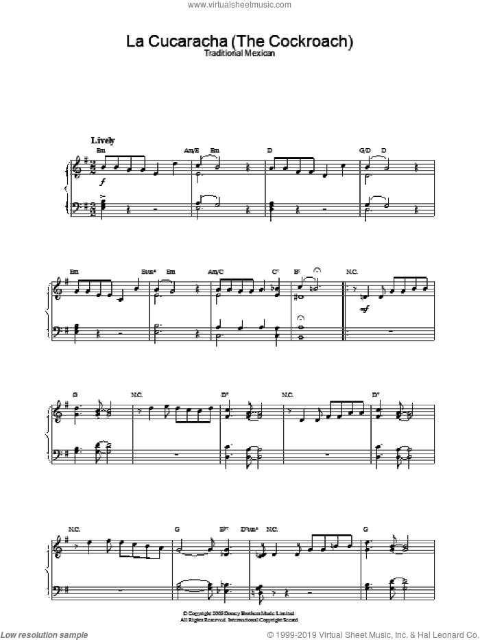 La Cucaracha (The Cockroach) sheet music for piano solo, intermediate skill level