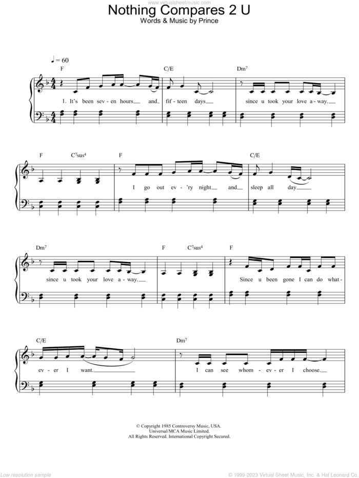 Nothing Compares 2 U, (intermediate) sheet music for piano solo by Sinead O'Connor and Prince, intermediate skill level