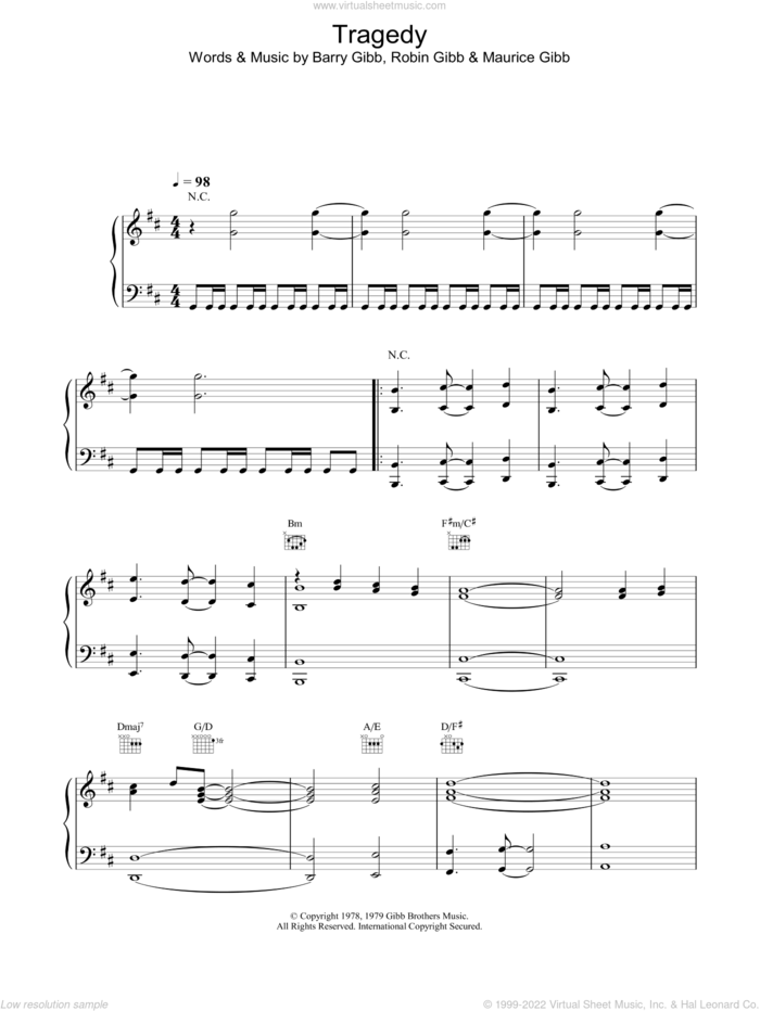 Tragedy sheet music for voice, piano or guitar by Bee Gees, intermediate skill level